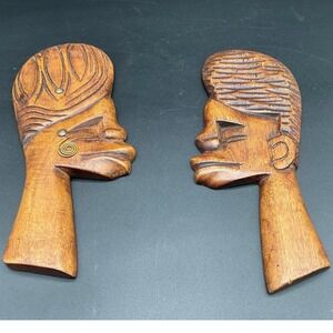 Vintage Hand-Carved Wood Tribal Wall Relief Heads Folk Art‎ Male Female Set